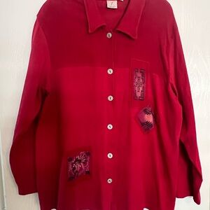 Vintage Focus Made in USA Red Button-Up Shirt with Patchwork Design
